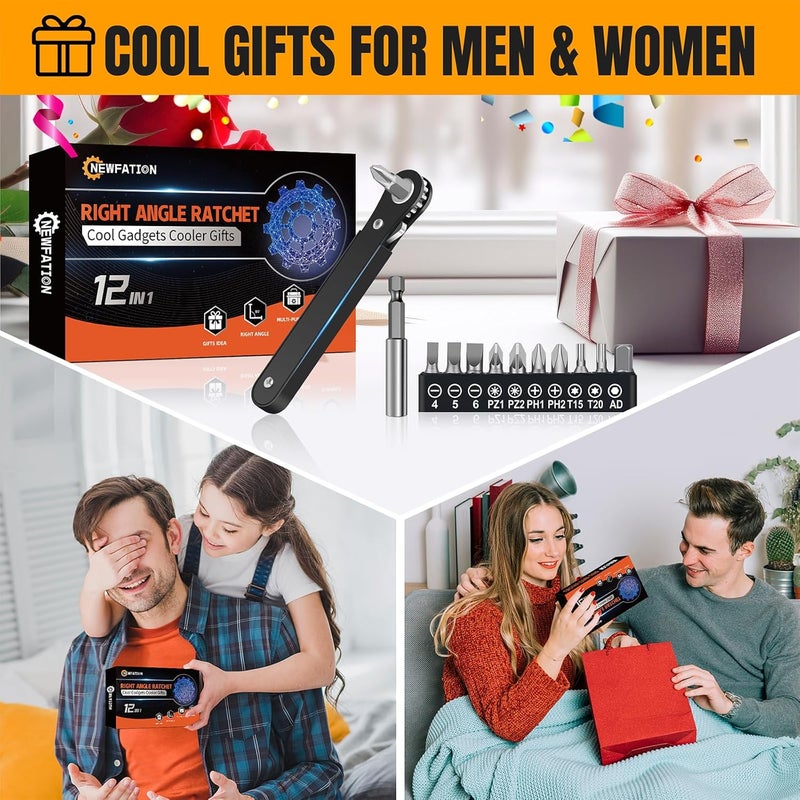 NewFation Ratcheting Screwdriver Men Gifts-Right Angle Screwdriver 90 Degree Offset Screwdriver Bit Set Low Profile Pocket Screwdrive For Tight Space Cool Gadget EDC Gear Gift For Men Him Dad Husband (12-IN-1) - Image 2